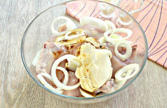 Шашлик з курки в майонезі на деку
