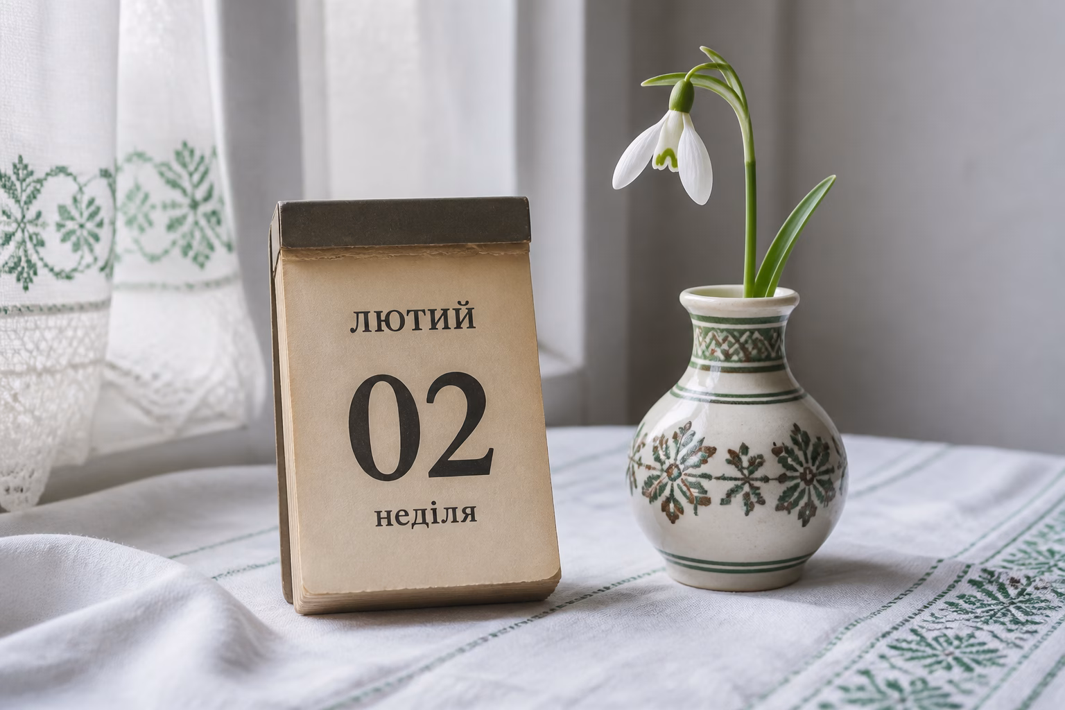 Вінтажний календар на 2 лютого з підсніжником у керамічній вазі на білій скатертині