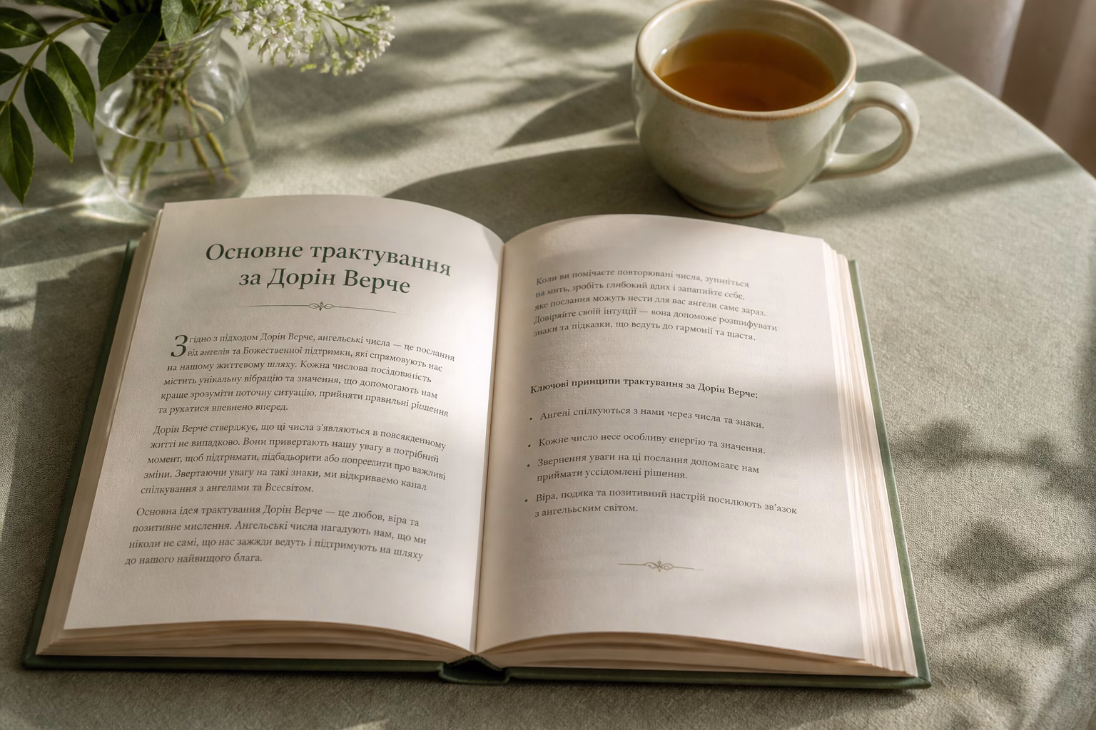 Відкрита книга на столі з чашкою чаю в м'якому світлі