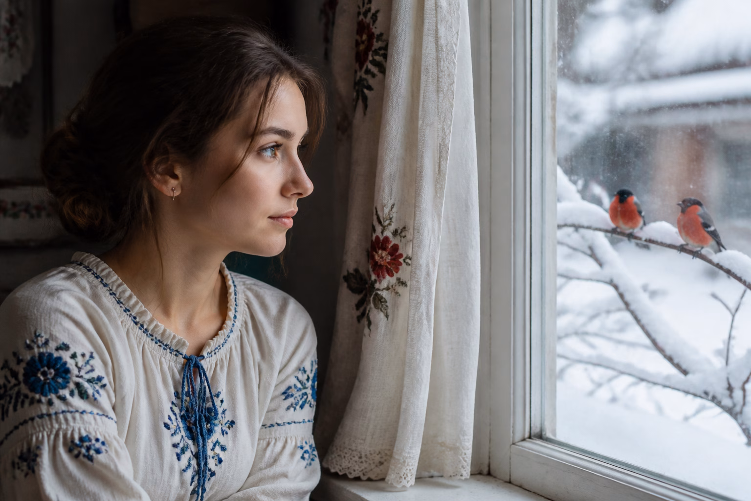Молода дівчина у вишиванці дивиться у вікно на снігурів за морозним склом