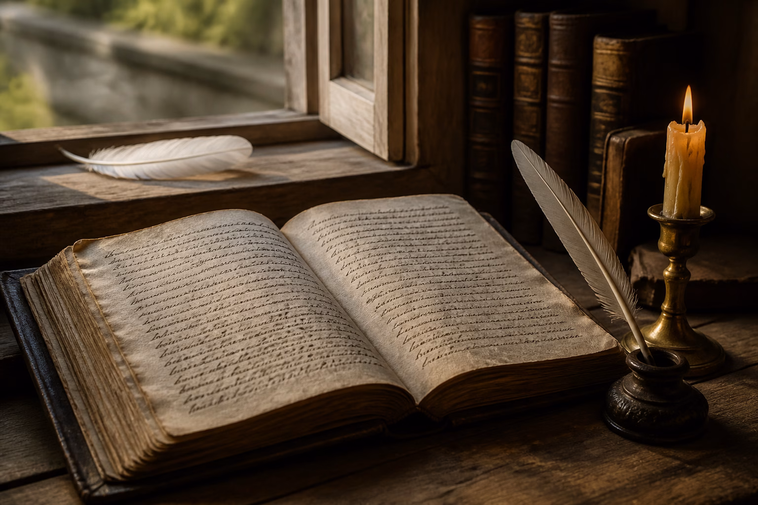 Тиха кімната з відкритою старовинною книгою, пір'ям на підвіконні та свічками