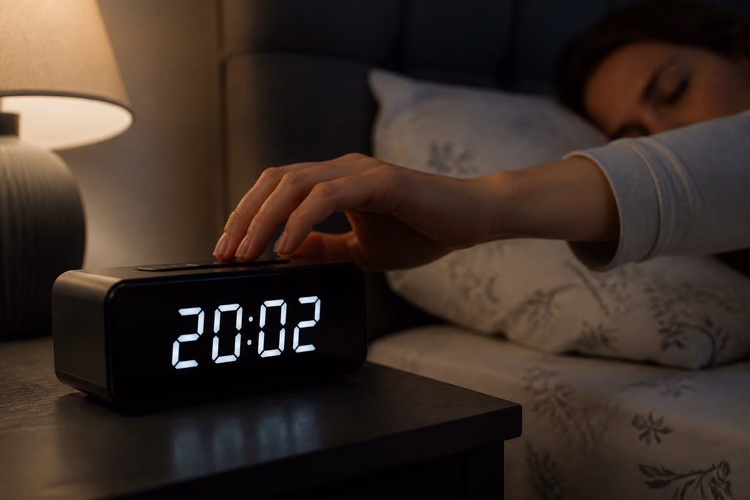 Електронний годинник показує 20:02 у тьмяно освітленій кімнаті