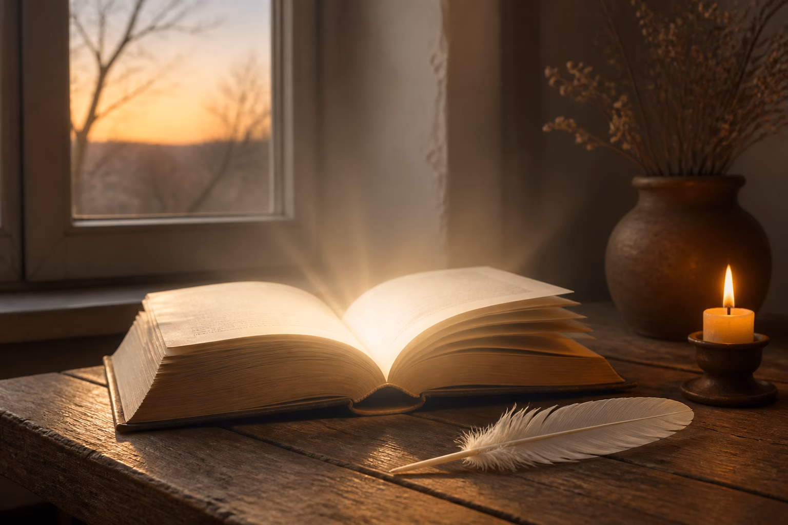 Відкрита книга зі світлом на сторінках, пір'їнка та свічка на дерев'яному столі