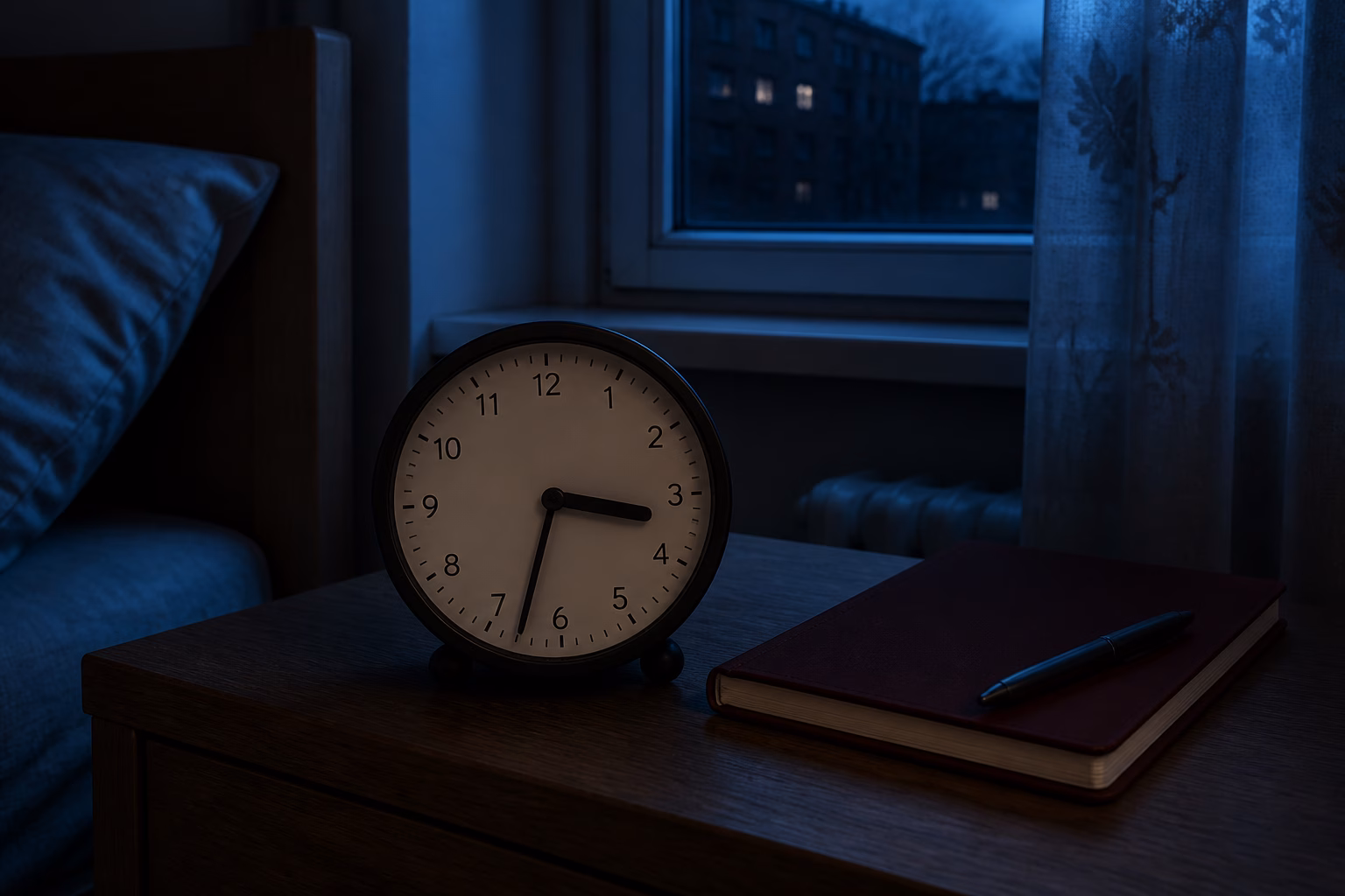 Настільний годинник, що показує 03:33, у нічному світлі