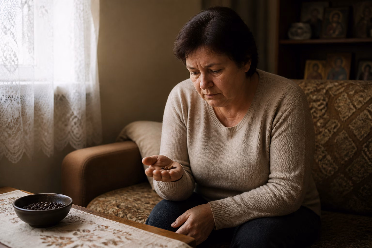 Жінка тримає в долоні сушені боби та задумливо дивиться на них