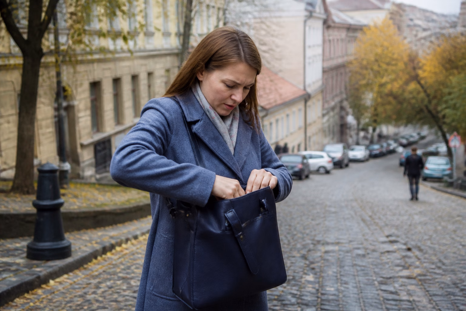 Жінка шукає ключі в сумці на вулиці, осінній день
