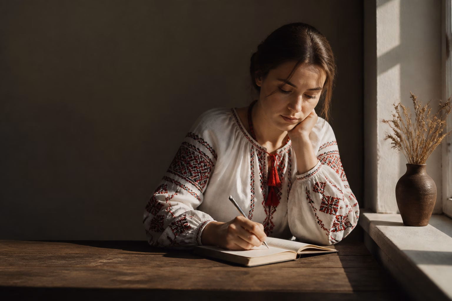 Жінка у вишиванці записує сни біля вікна вранці