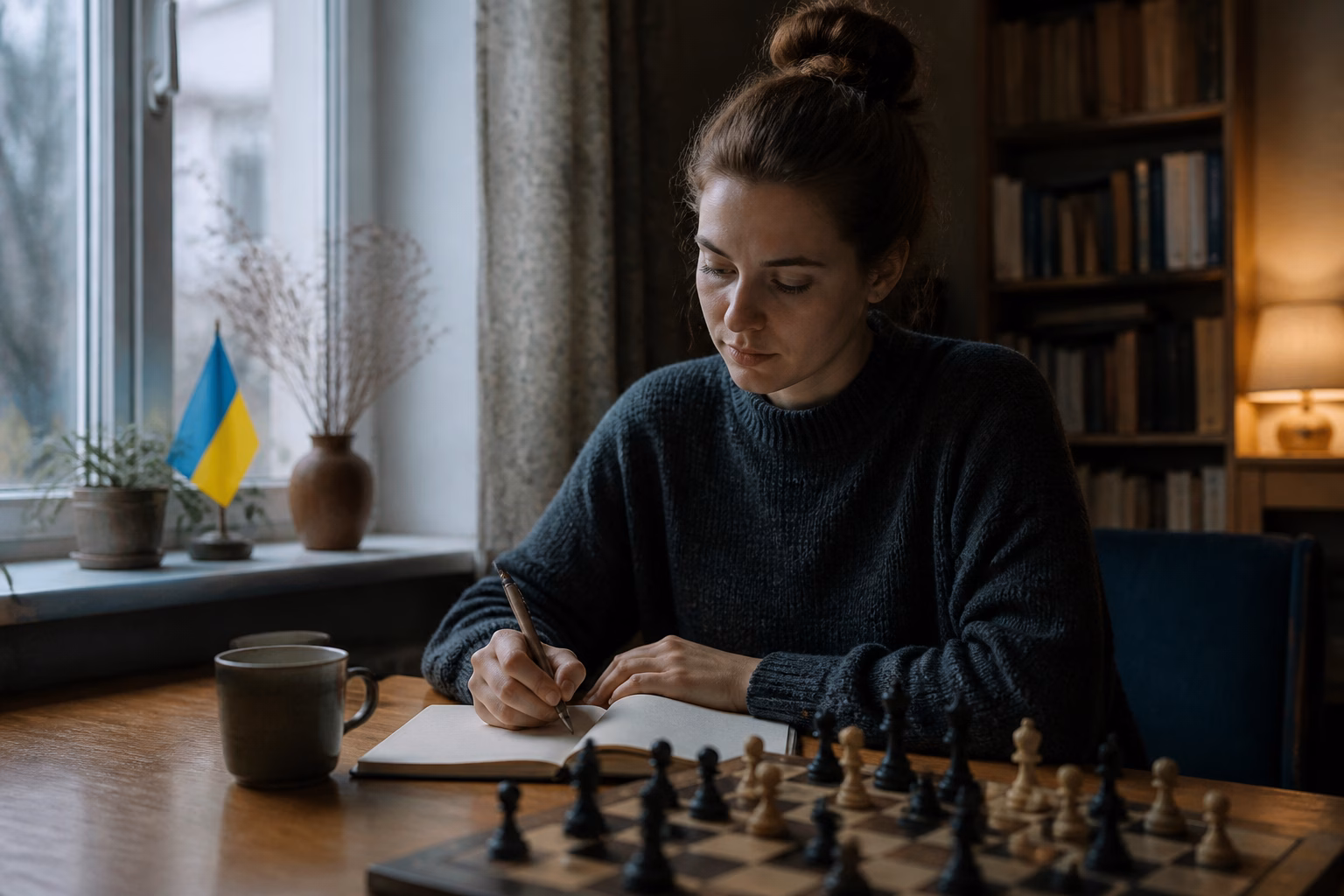 Жінка записує свої думки біля шахової дошки в затишній кімнаті