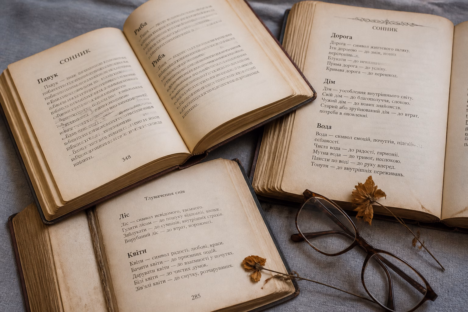 Розгорнуті старовинні книги з тлумаченнями снів, окуляри та суха квітка