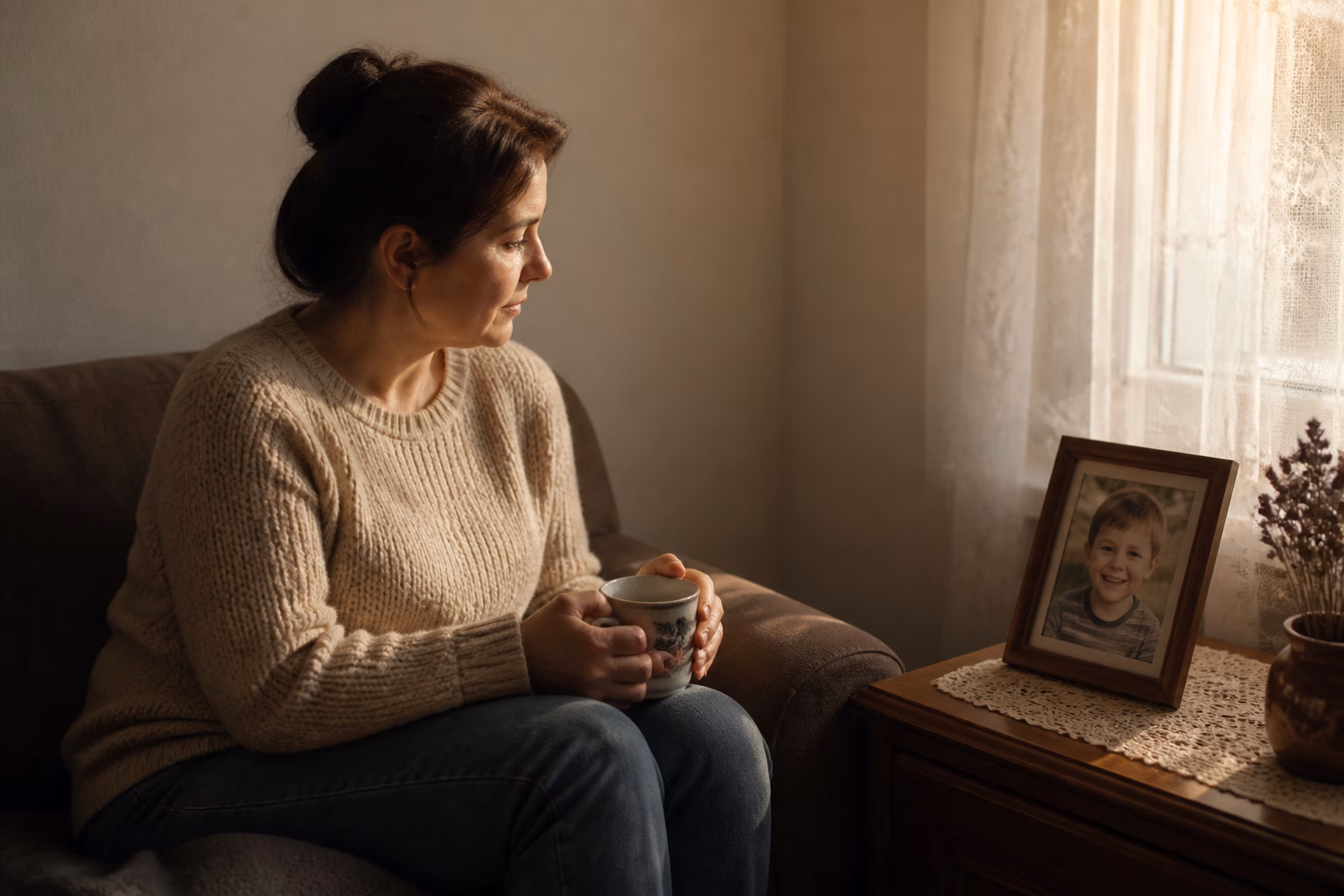Жінка замислено дивиться на фото усміхненої дитини у затишній вітальні
