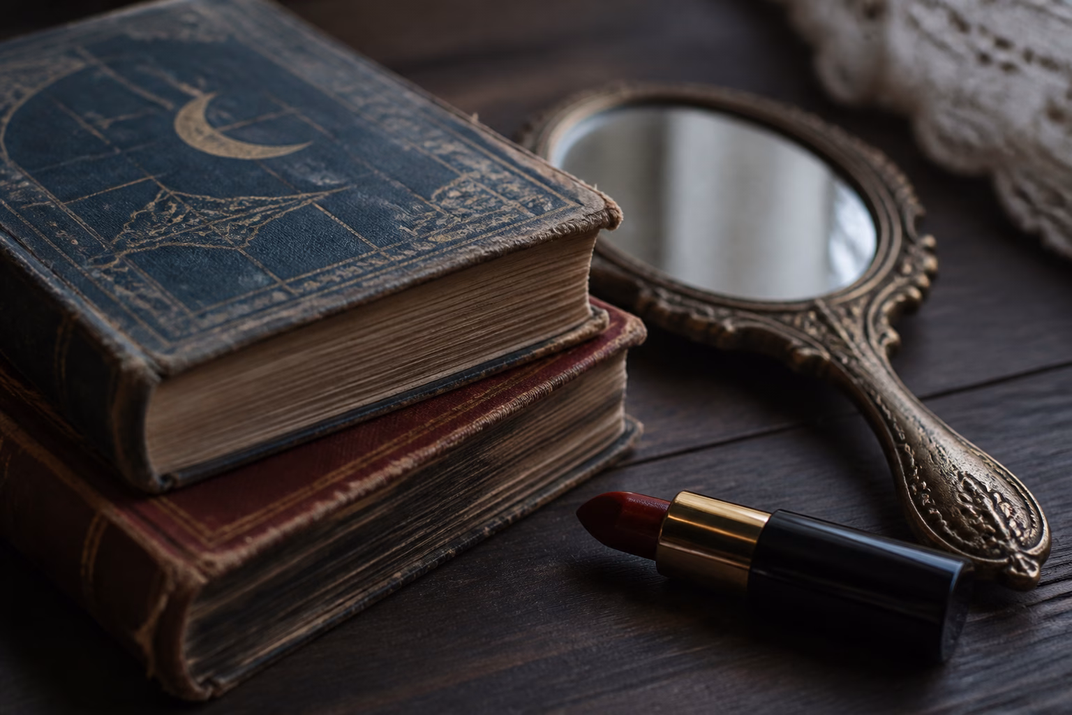 Натюрморт зі старовинними книгами сонників, дзеркалом та червоною помадою на дерев'яному столі