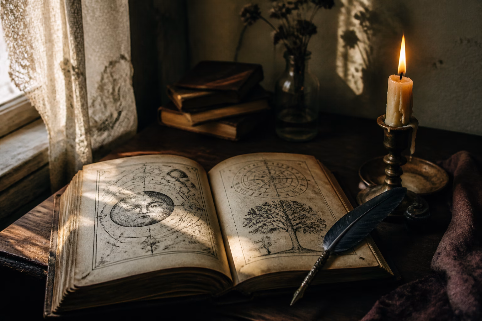 Старовинна книга з ілюстраціями та свічка на письмовому столі