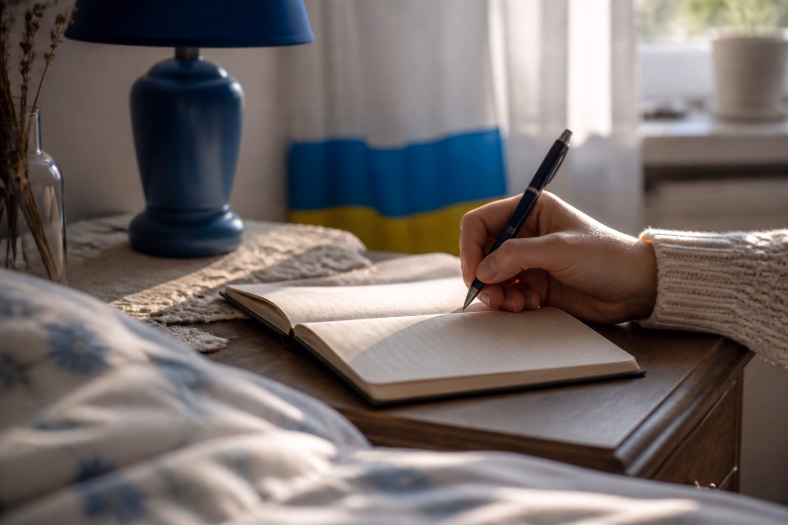 Записник і ручка на нічному столику біля ліжка