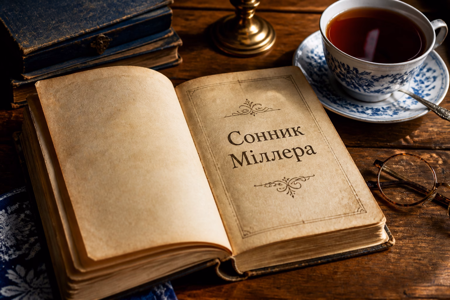 Старовинна книга сонників на столі з чашкою чаю та окулярами