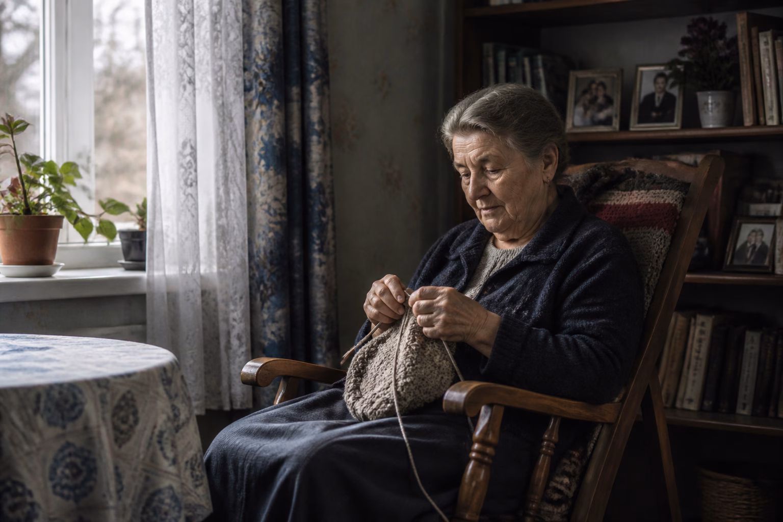 Літня жінка в'яже у кріслі-гойдалці, символ материнства