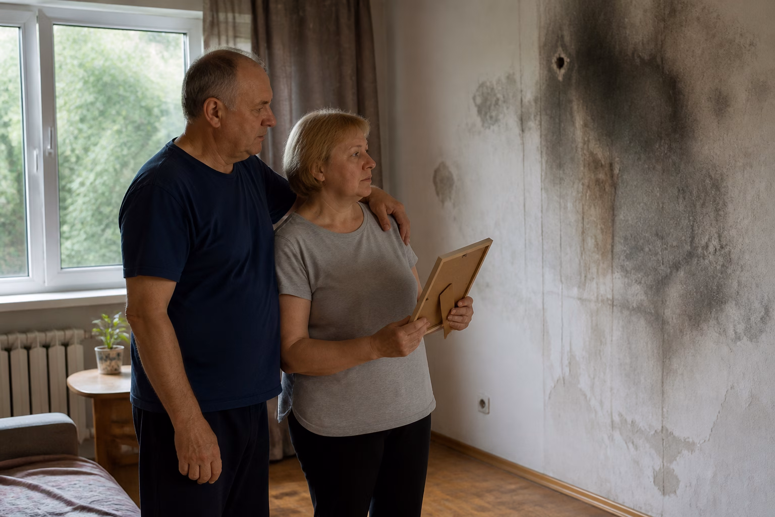 Пара у вітальні оглядає закопчену стіну після пожежі