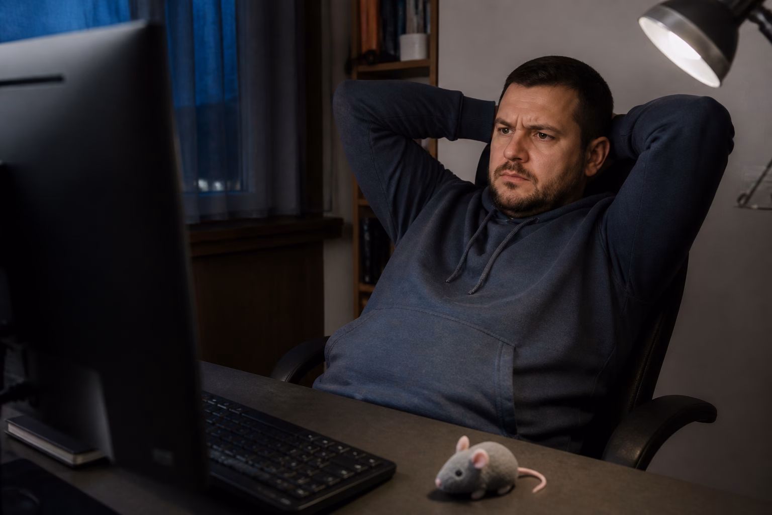 Чоловік у домашньому офісі зі стурбованим виразом обличчя, на столі іграшкова миша