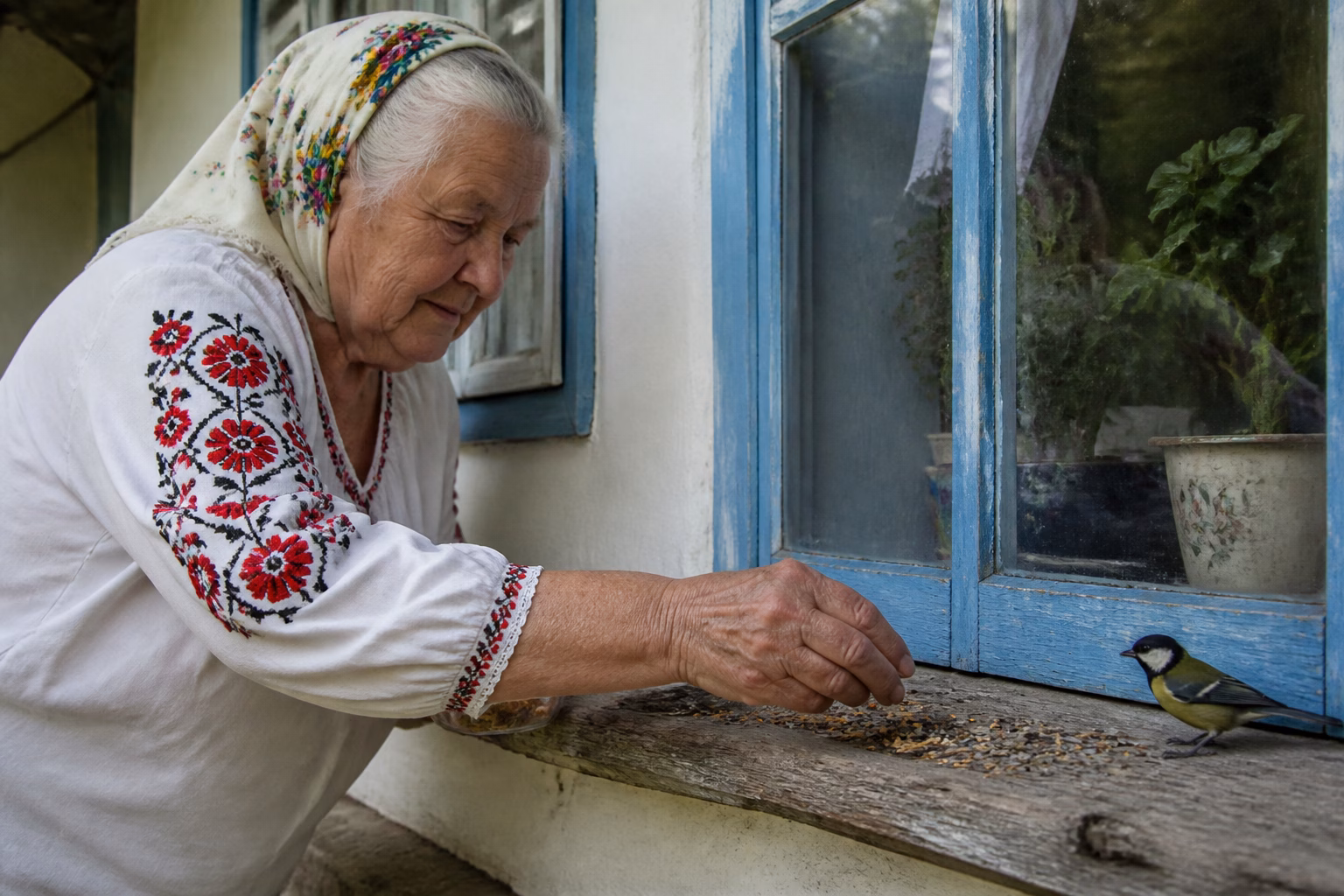 Літня жінка у вишиванці насипає зерно на підвіконня сільського будинку, поруч сидить пташка