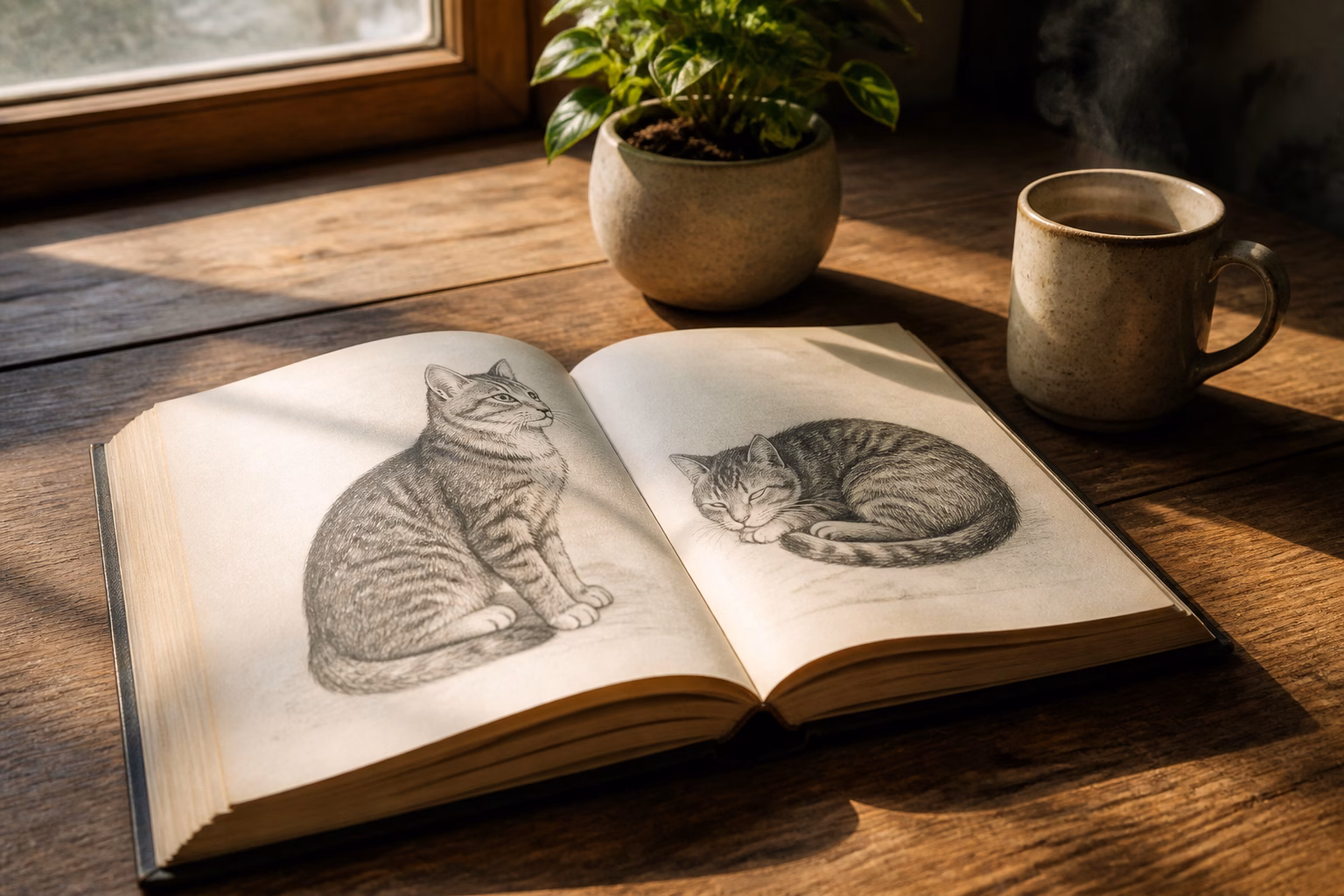 Розгорнута книга з ілюстраціями котів на столі біля чашки чаю