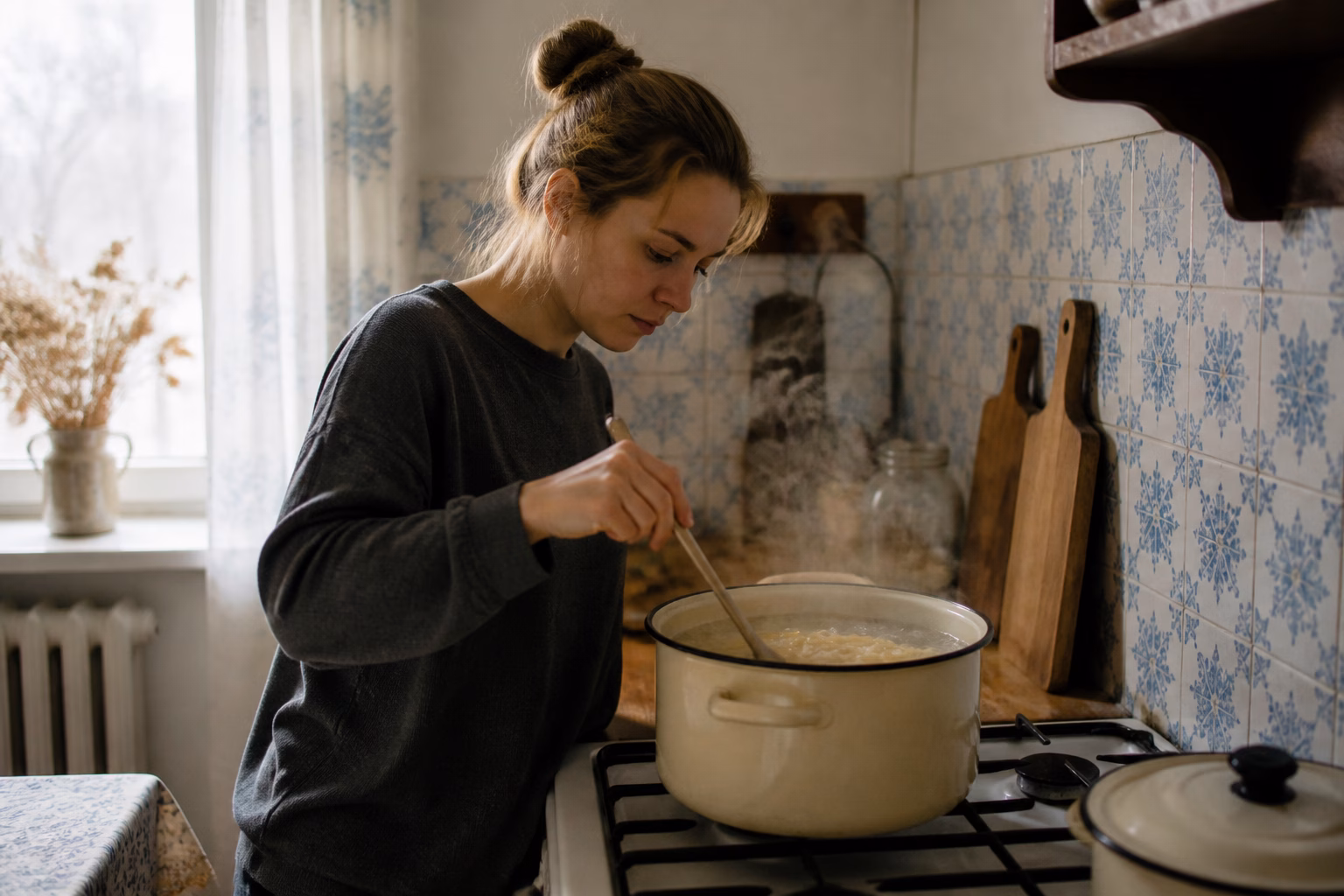 Жінка варить макарони на кухні
