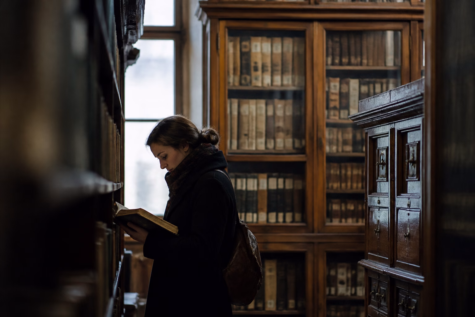 Старовинна публічна бібліотека з людиною, яка гортає запилену книгу