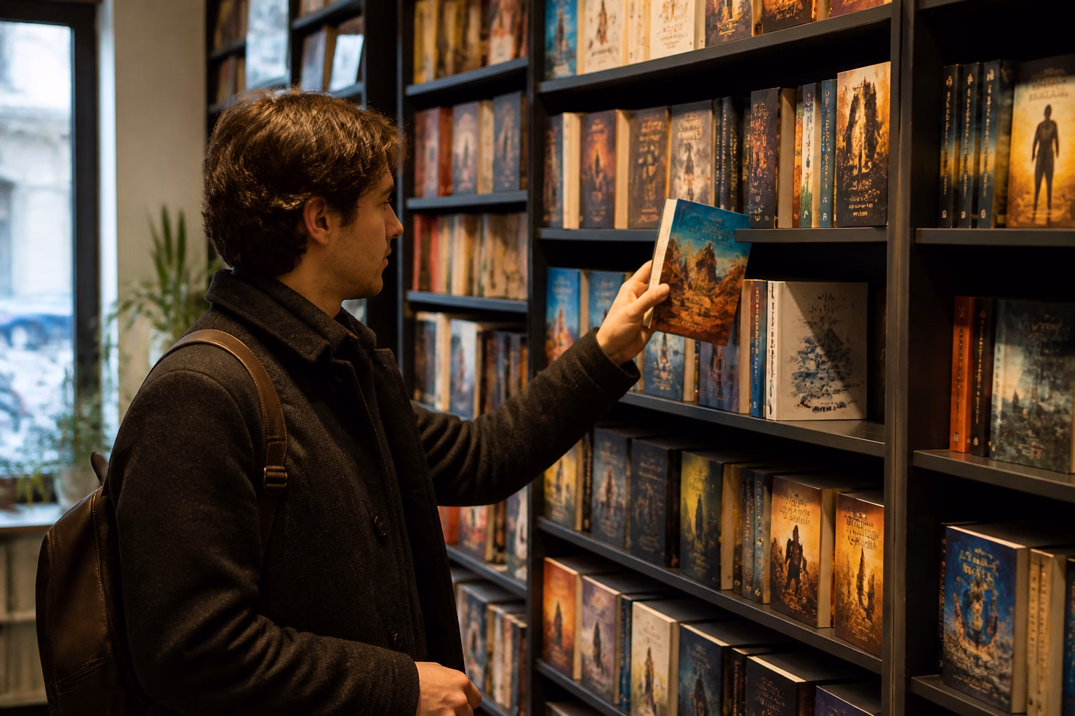 Сучасна книгарня з людиною, яка обирає пригодницький роман
