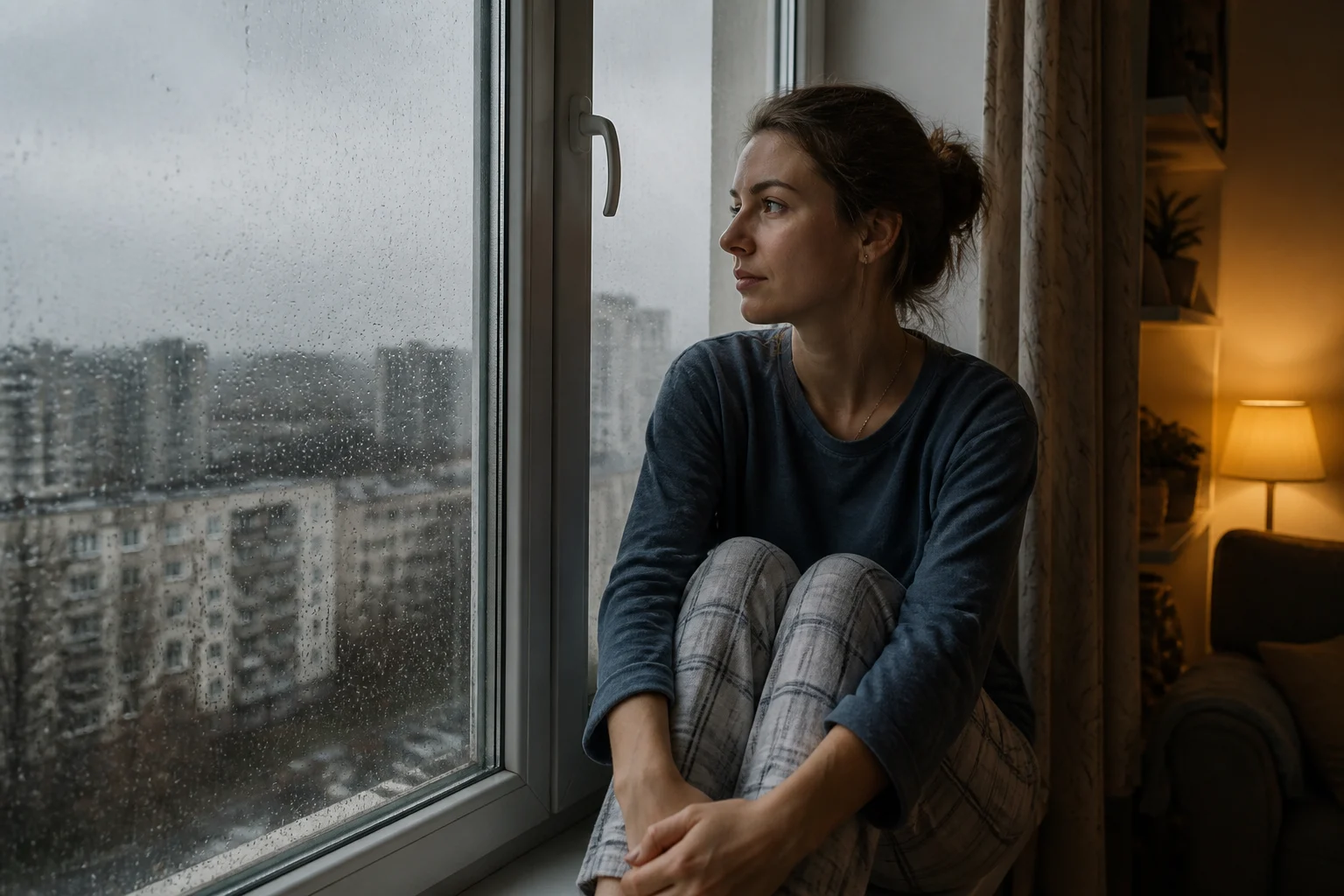 Жінка замислено дивиться на дощ крізь вікно квартири