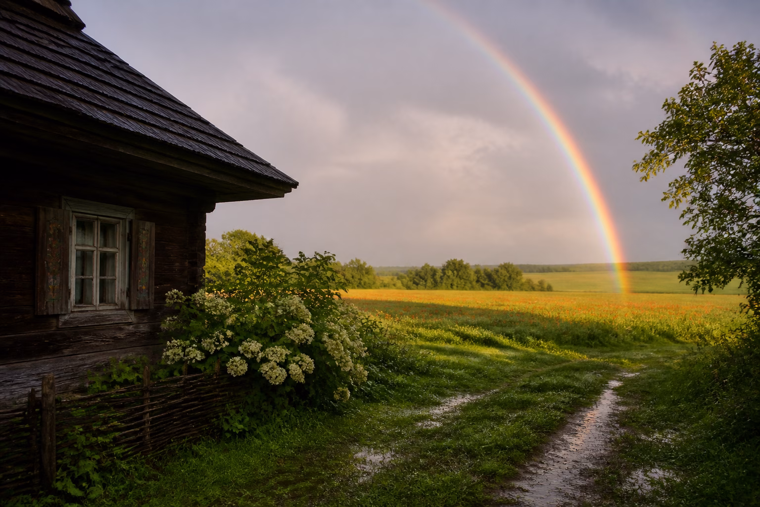 Сільський пейзаж після теплого літнього дощу з веселкою