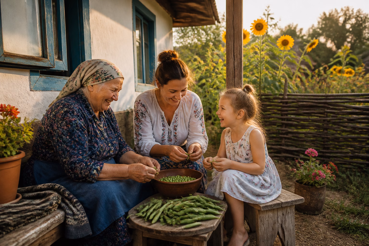 Родина на подвір'ї української хати, чистий двір із соняшниками
