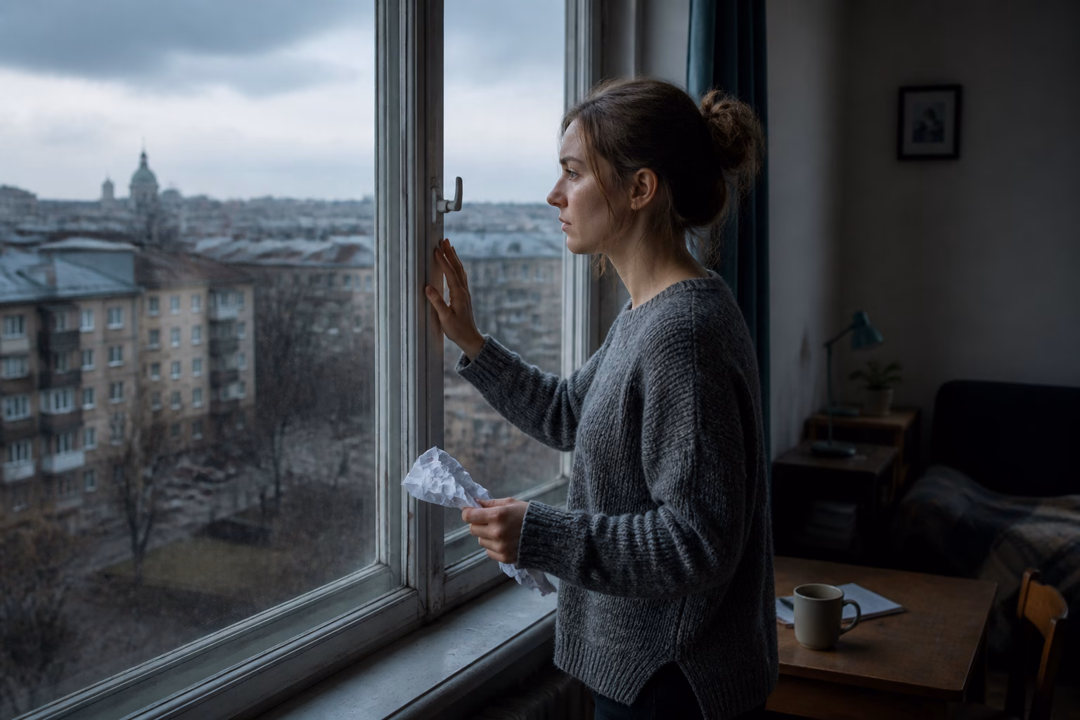 Жінка біля вікна з зім'ятим документом, символ втрати спадщини та переосмислення