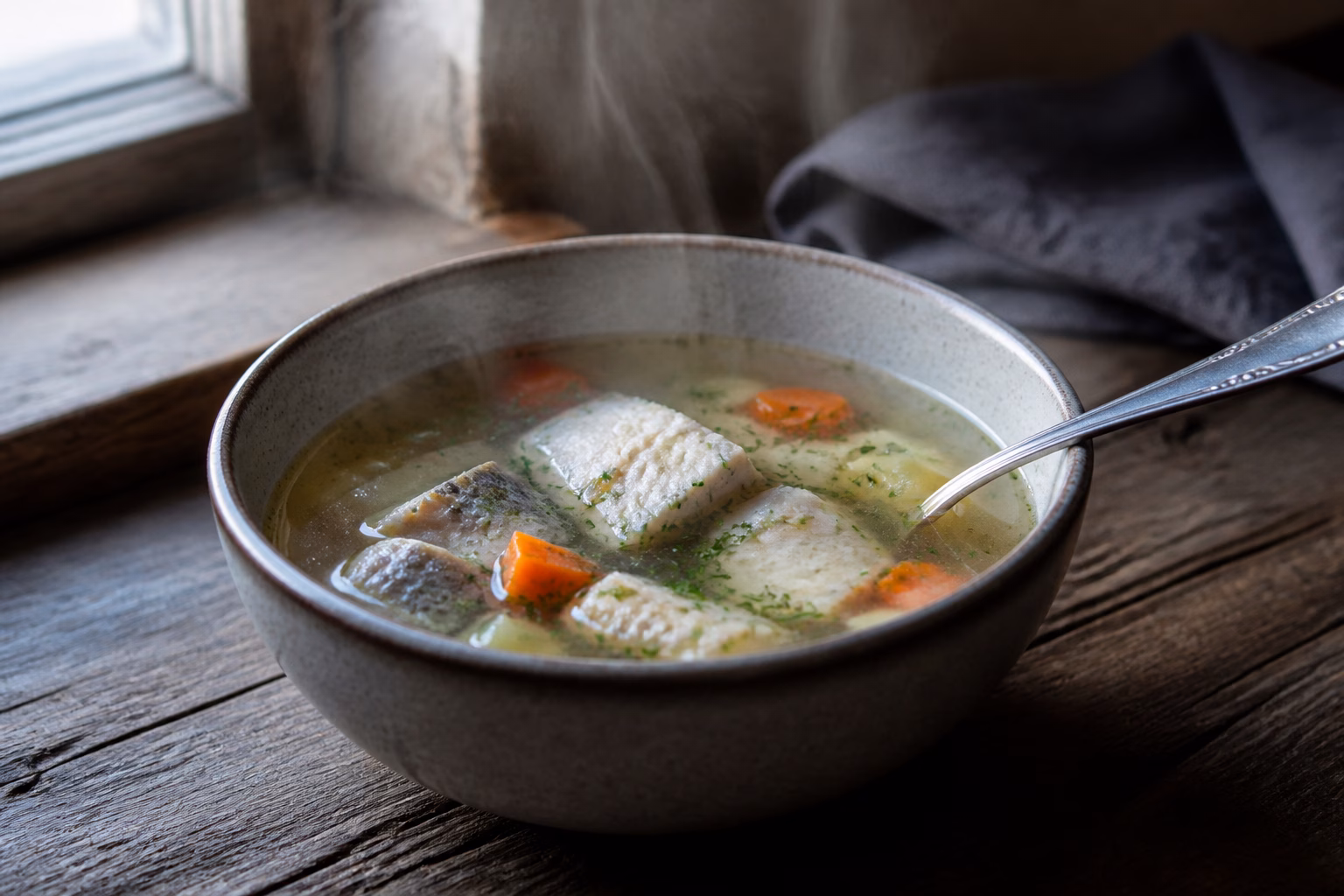 Миска юшки з ложкою крупним планом