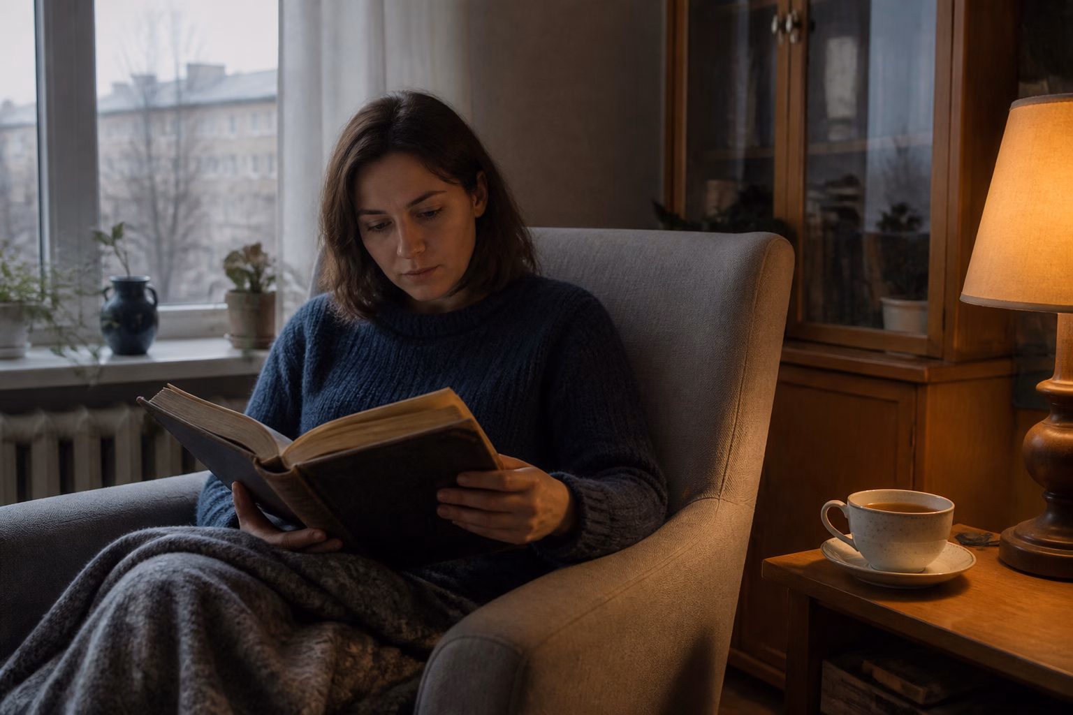 Жінка читає стару книгу у затишній вітальні
