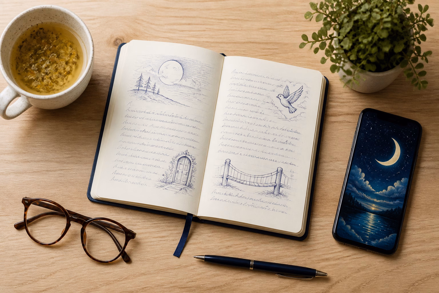 Робочий стіл з розгорнутим щоденником снів, окулярами та чашкою чаю