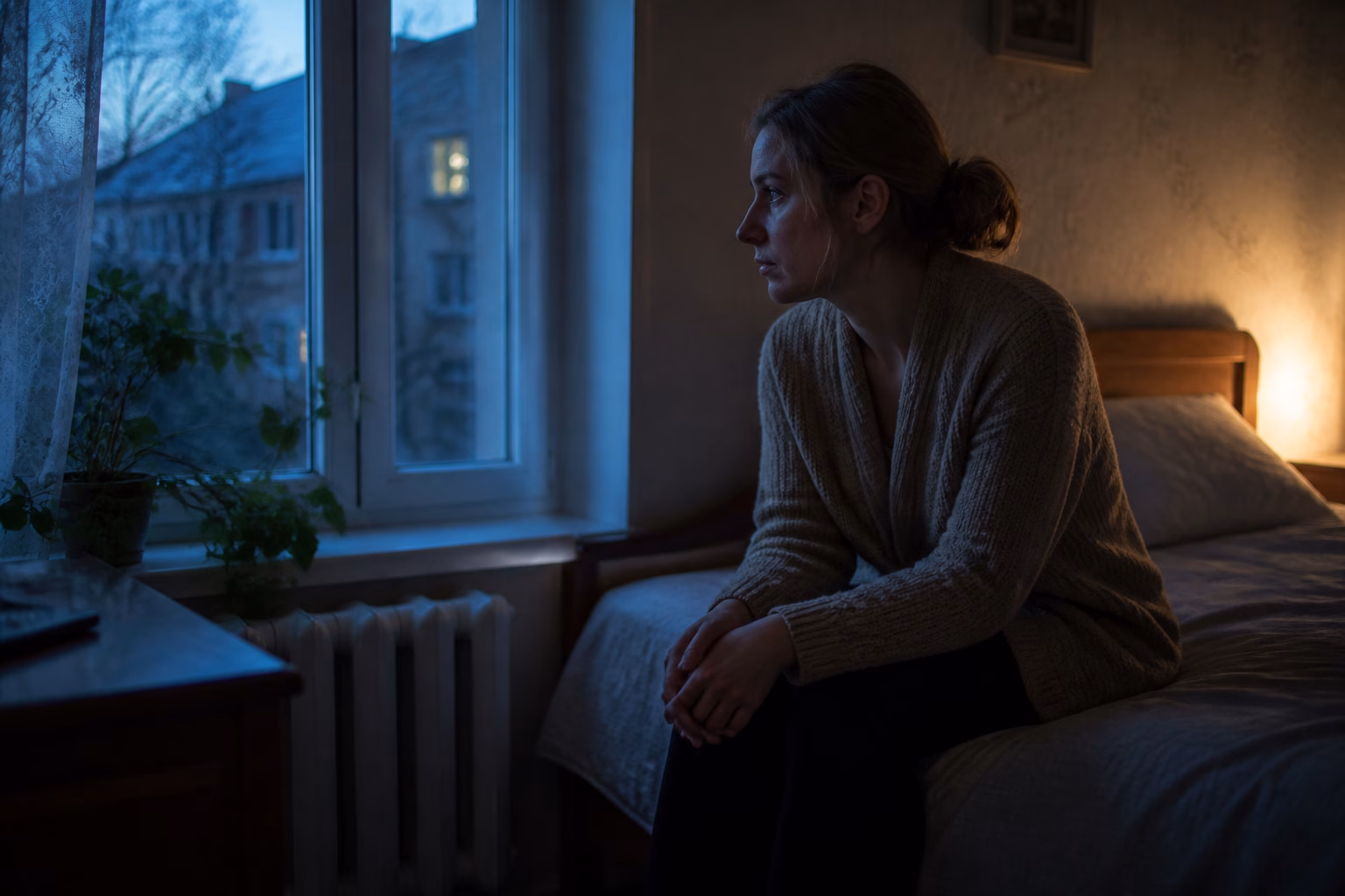Людина сидить на краю ліжка в темній кімнаті, замислившись після тривожного сну