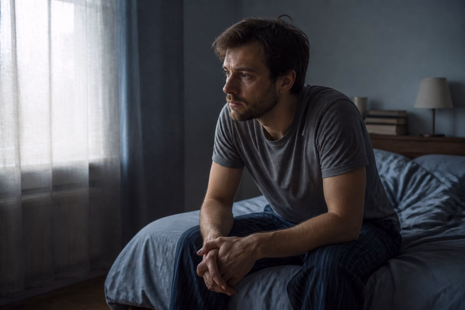 Людина замислено сидить на ліжку після тривожного сну