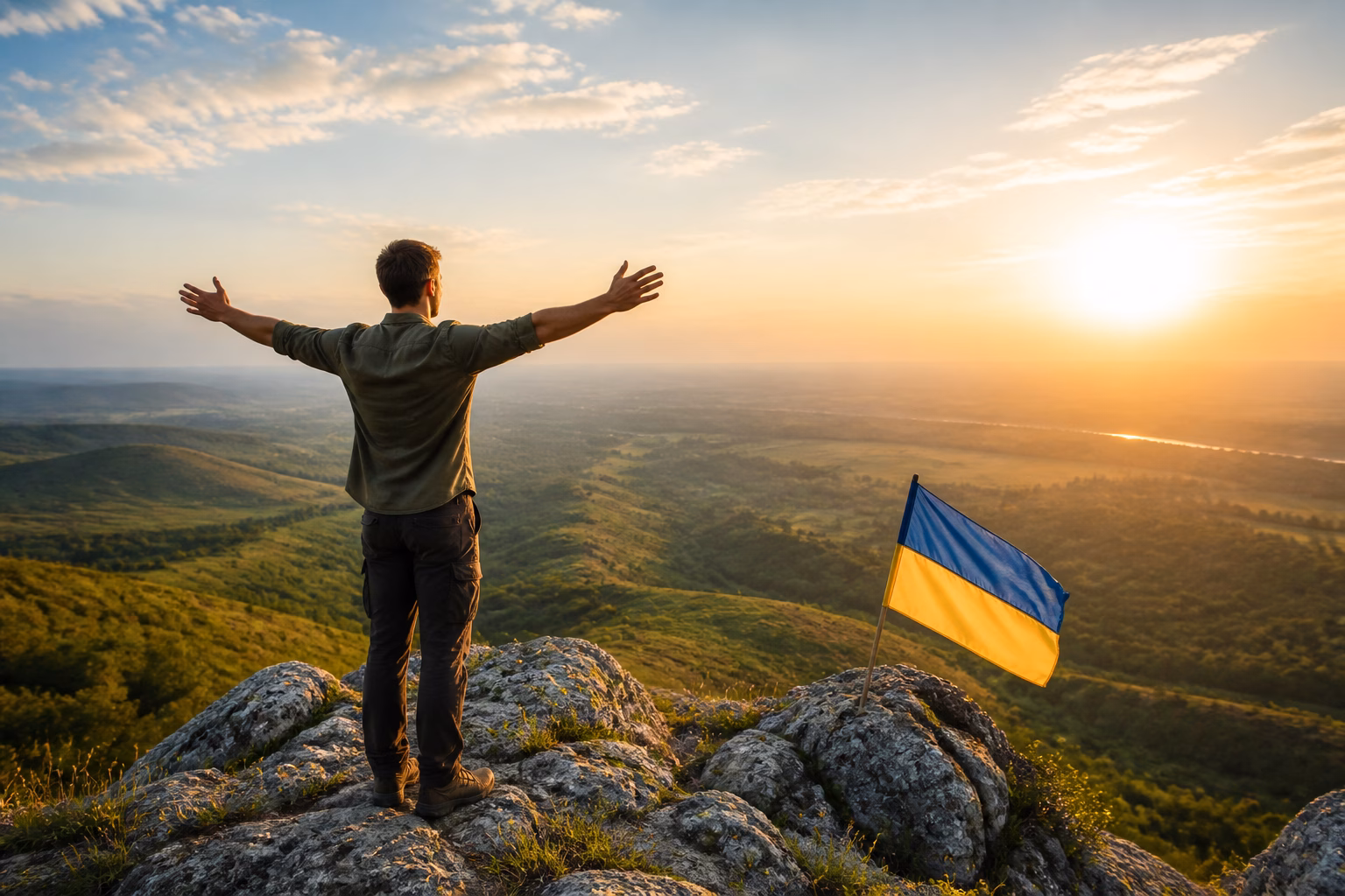 Чоловік на пагорбі зустрічає схід сонця, що символізує нові перспективи та початок справи.
