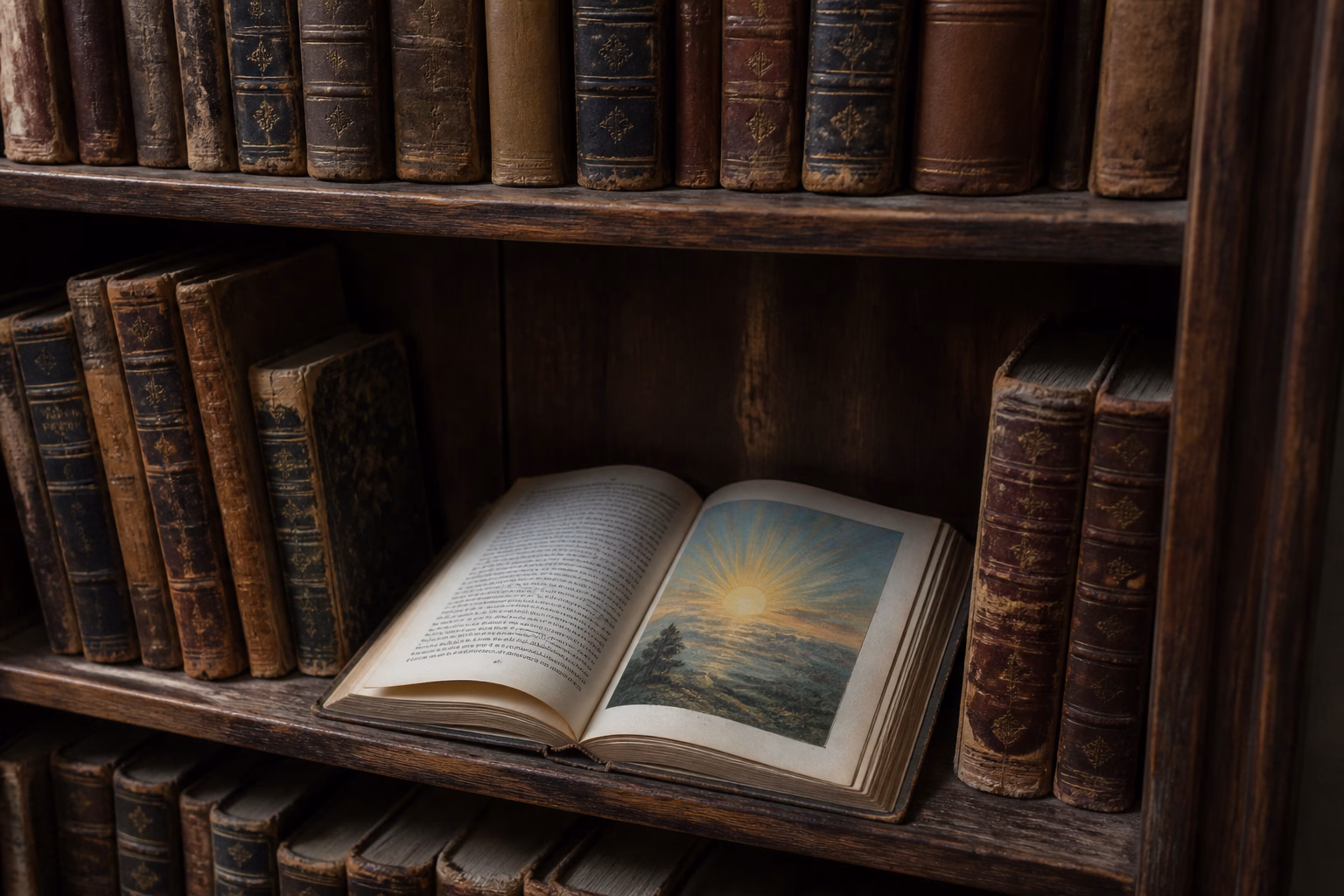 Старовинні книги з сонниками на полиці, відкрита сторінка із зображенням світанку, що символізує різноманітність тлумачень.