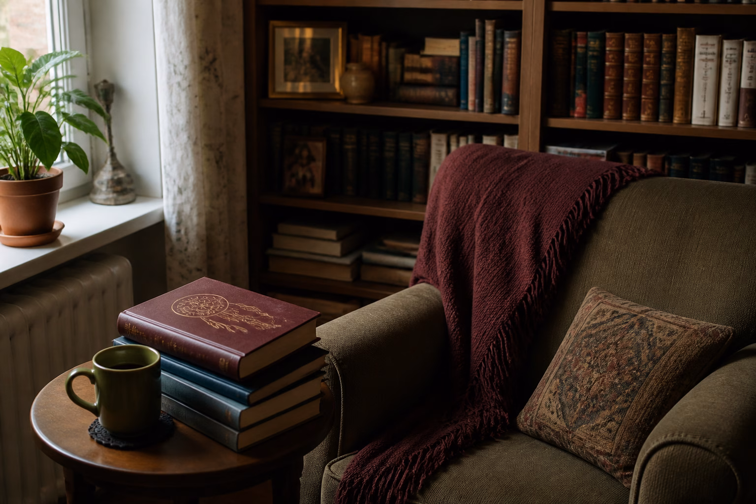 Книжкова полиця з сонниками у затишному інтер'єрі
