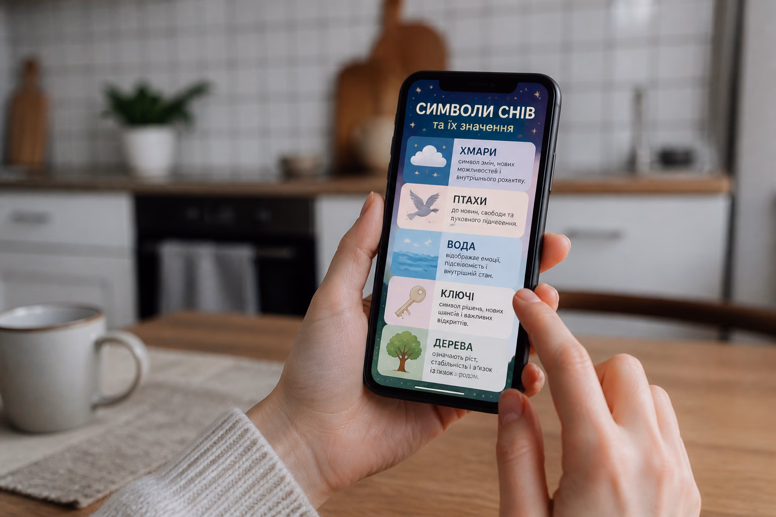 Руки зі смартфоном, на екрані якого символи сну про торгівлю