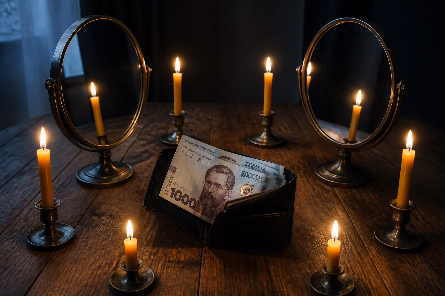 Два дзеркала навпроти зі свічками та відкритим гаманцем із гривнями на столі