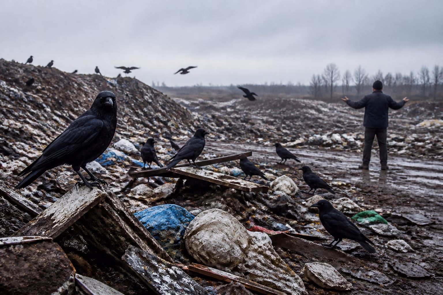 Зграя ворон на сміттєзвалищі під час обряду річного захисту від заздрості