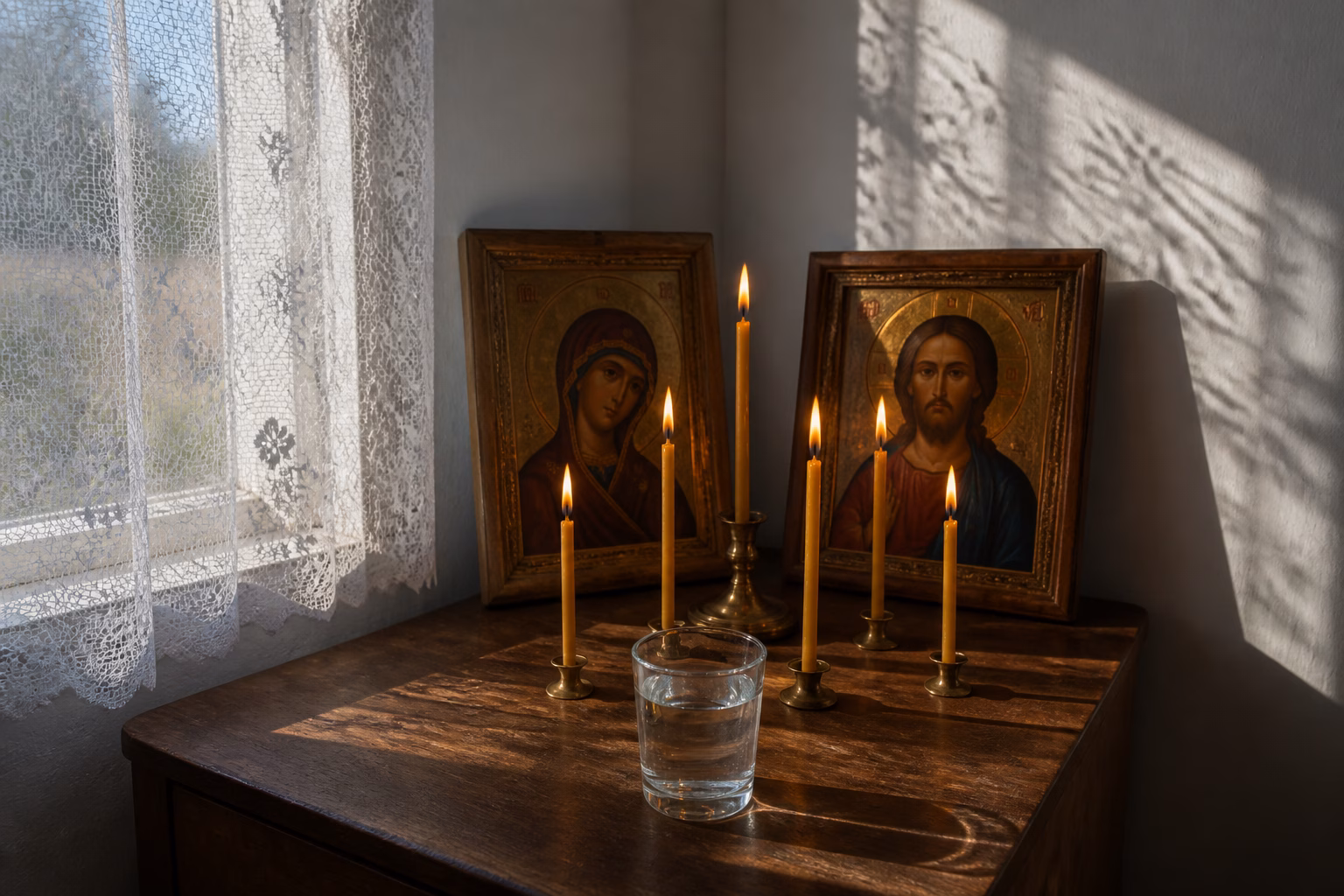 Ікони, запалені свічки та склянка святої води на столі для обряду від заздрості