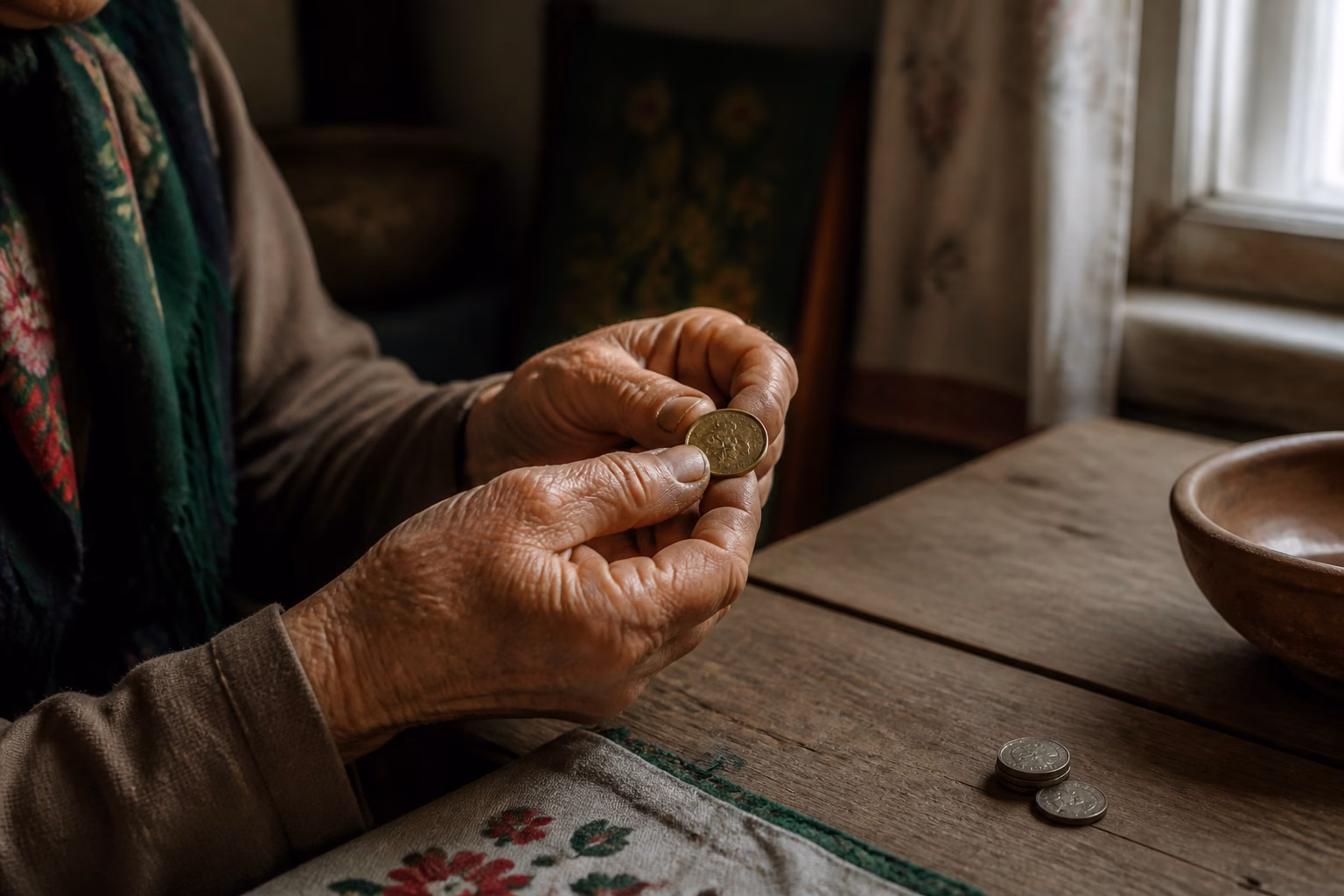 Старовинна монета в руках як символ народних грошових обрядів