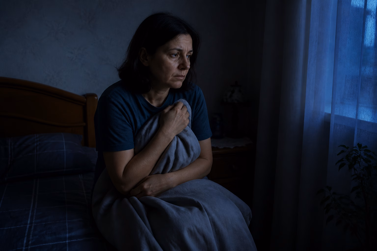 Людина в темній спальні зі стривоженим виразом обличчя після сну