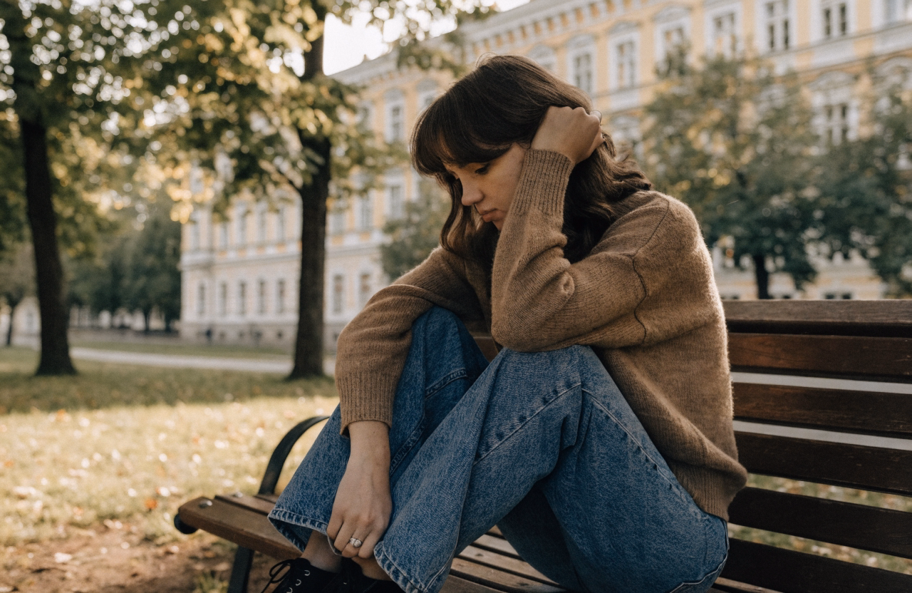 Молода жінка задумливо сидить на лавці в осінньому парку, торкаючись щиколотки
