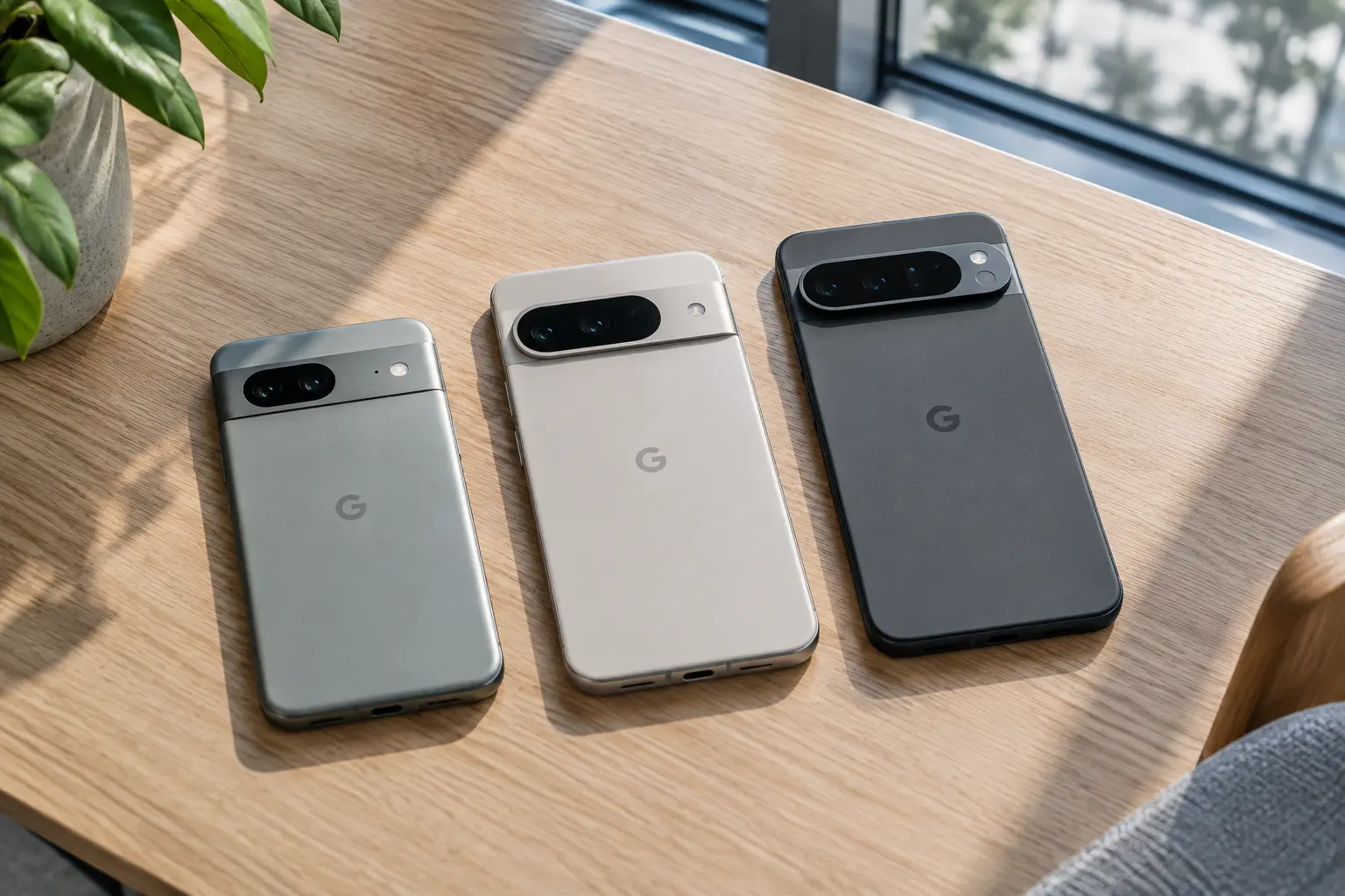 Три модели Google Pixel рядом на столе для сравнения