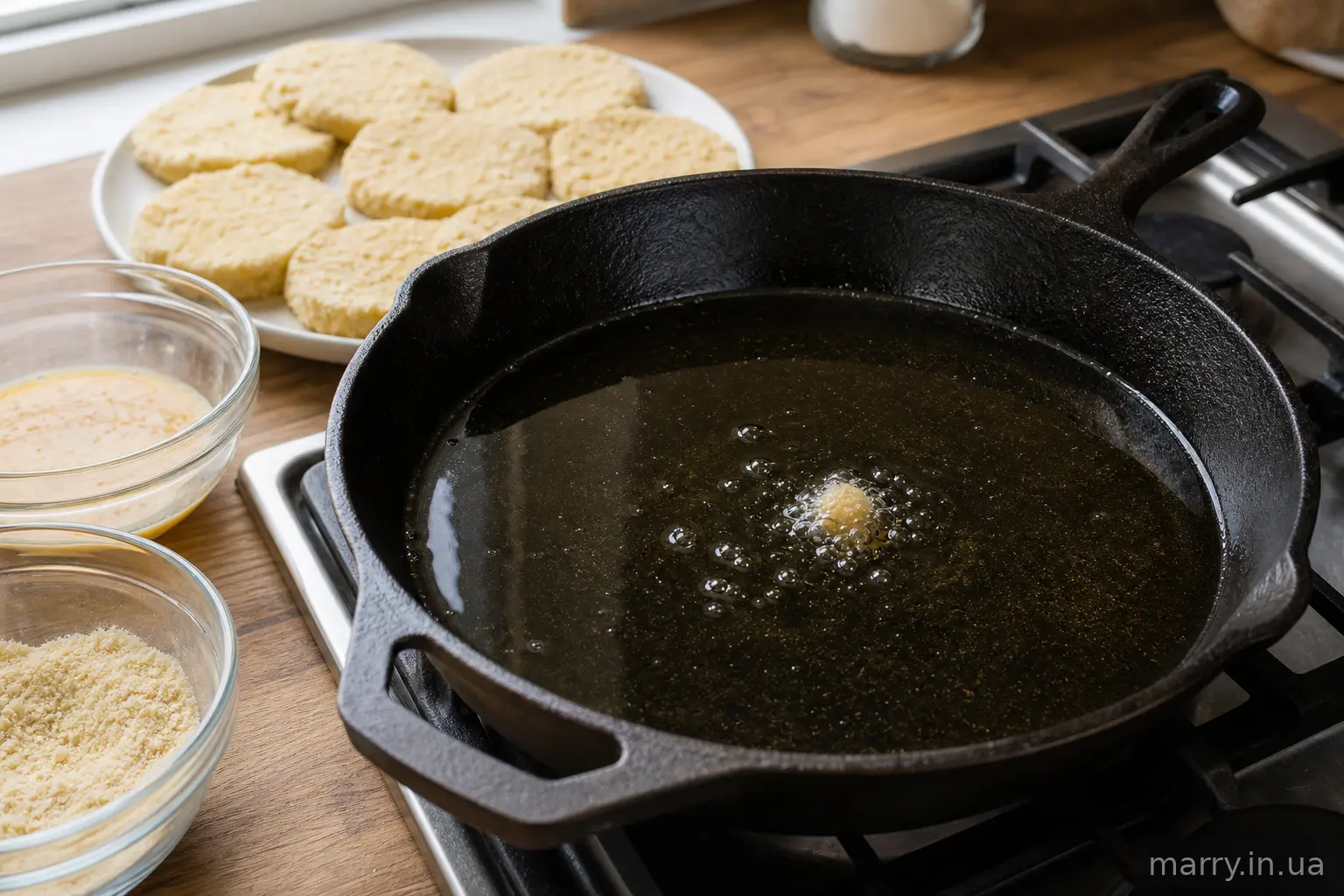 Олія в сковороді розігріта до 175 °C, крихта паніровки шипить на поверхні